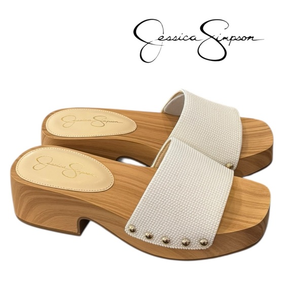 New Jessica Simpson Bright White Italia Nappa Wooden Slide Sandals 7 - Picture 1 of 6